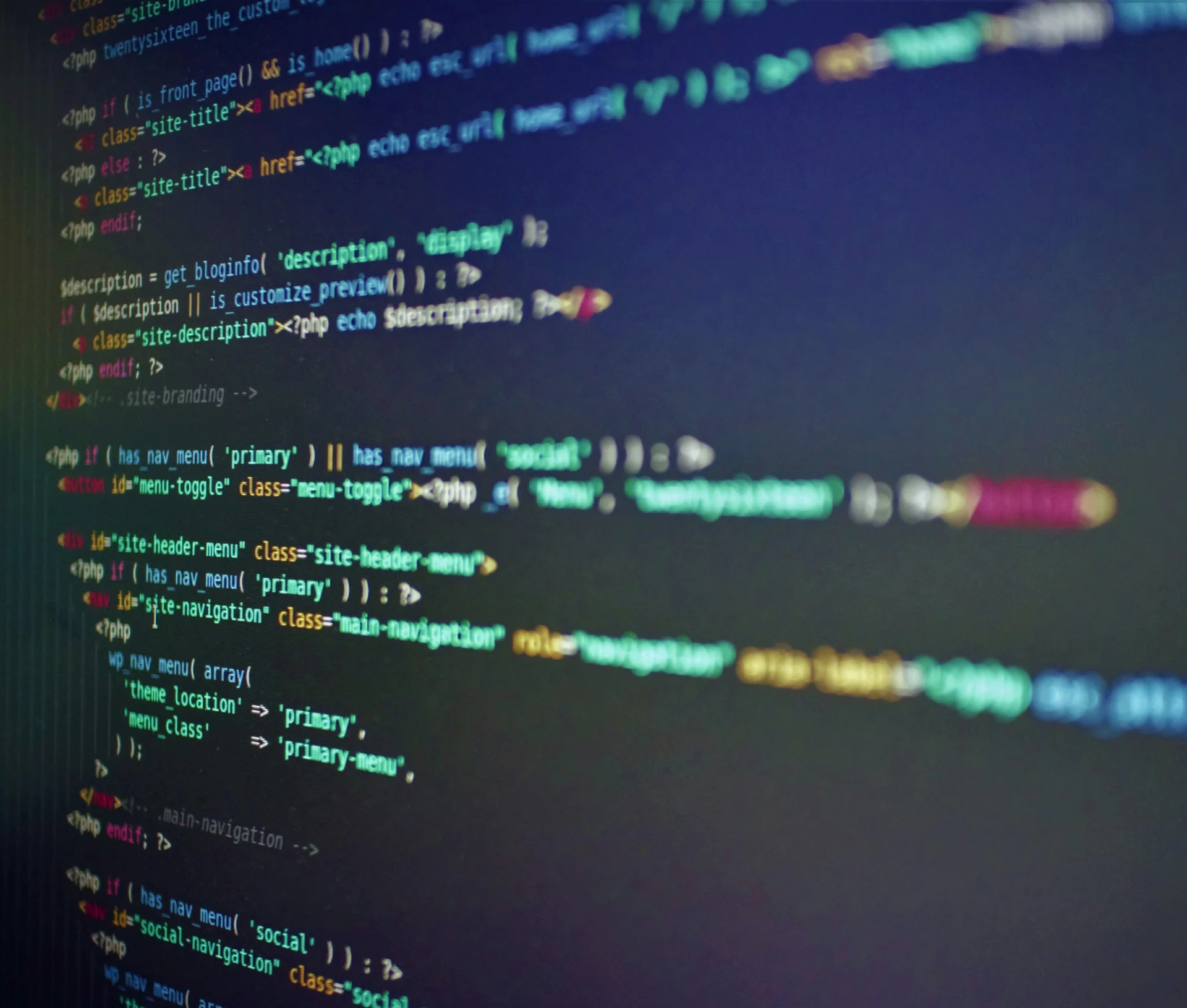 A screen showing lines of colour coded PHP code for a WordPress website.