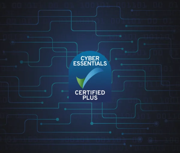 Cyber Essentials Plus certified badge displayed over a digital network background, reflecting high standards for Mac and iPhone security.