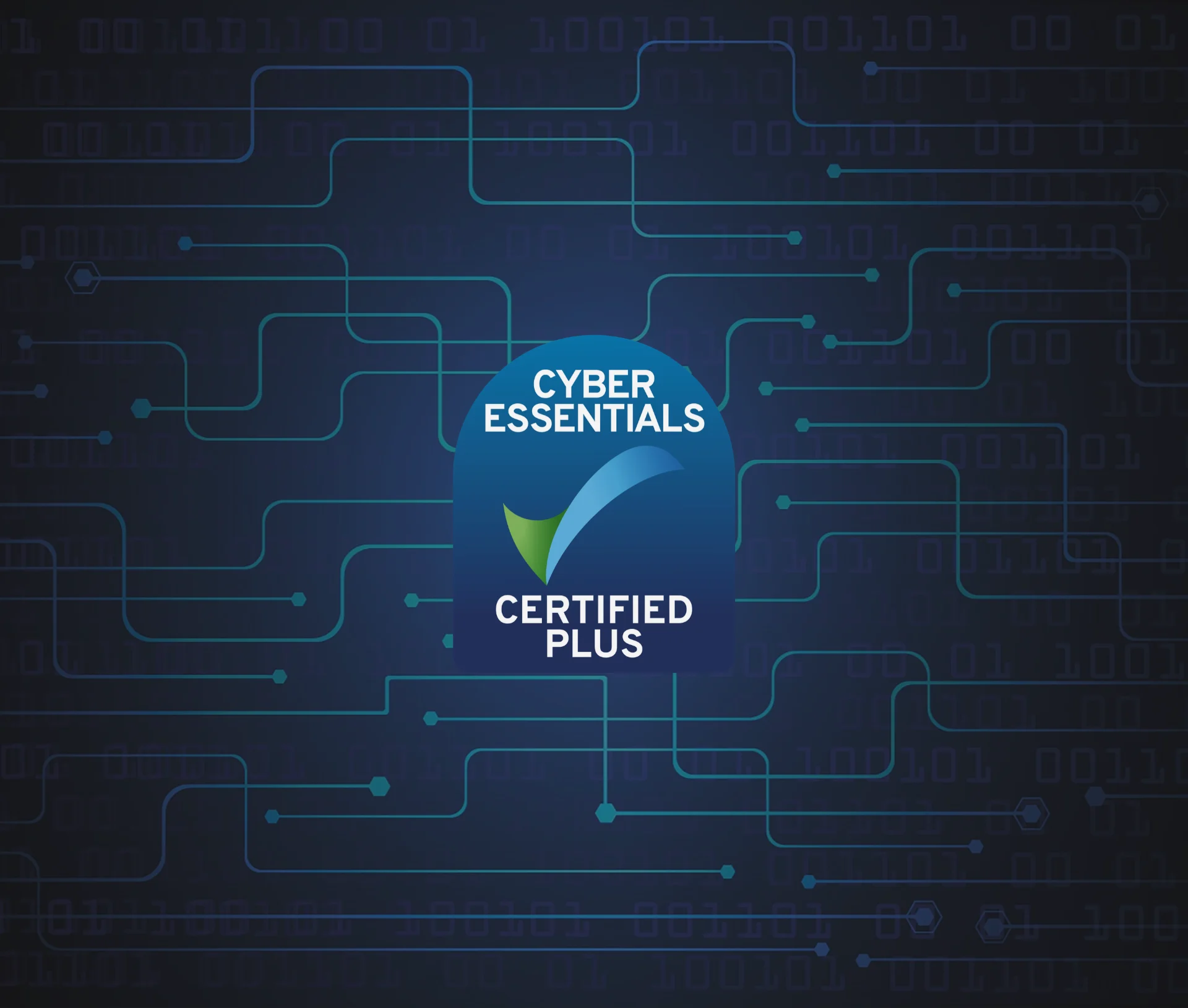 Cyber Essentials Plus certified badge displayed over a digital network background, reflecting high standards for Mac and iPhone security.