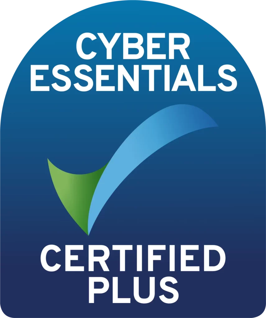 Logo of Cyber Essentials Certified Plus featuring a blue and green checkmark on a dark blue background, emphasizing top-tier cybersecurity certification.