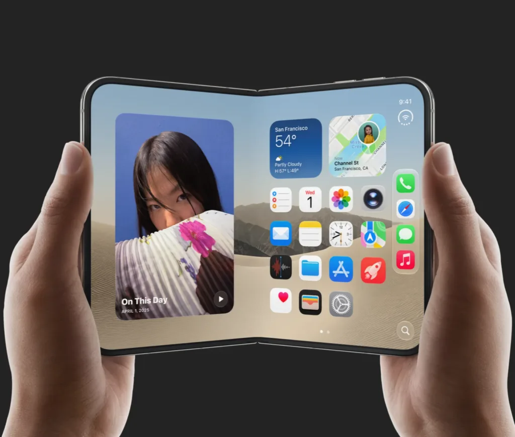 A person holds a foldable smartphone open, displaying a home screen with various app icons and widgets on both halves of the flexible screen. The background is a desert scene—rumoured to be the new iPhone Duo available for pre orders.