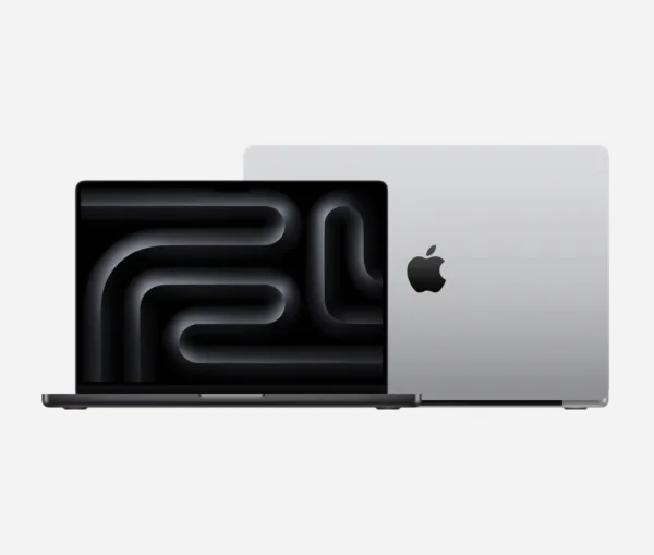 Two silver Apple MacBook Pro laptops shown from the front and back, representing hardware managed within a Mac fleet.