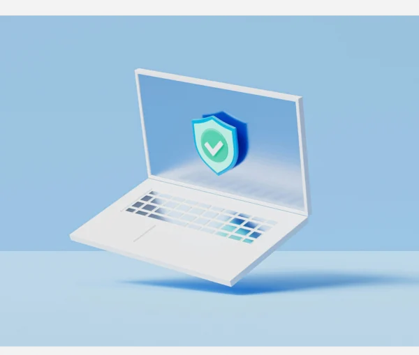 A laptop floating against a blue background displays a shield icon with a tick, highlighting essential concepts for those who want to learn cyber security.