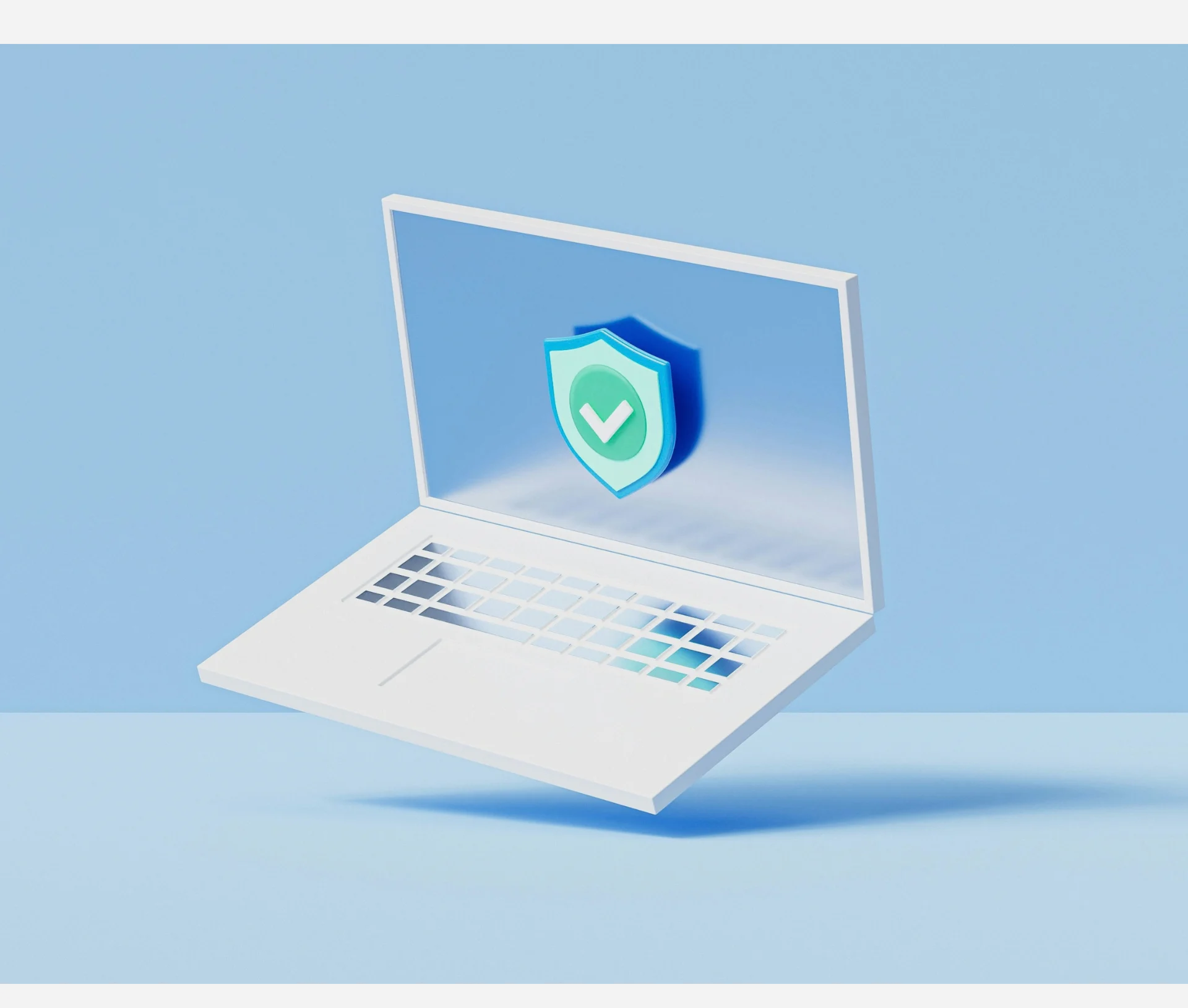 A laptop floating against a blue background displays a shield icon with a tick, highlighting essential concepts for those who want to learn cyber security.