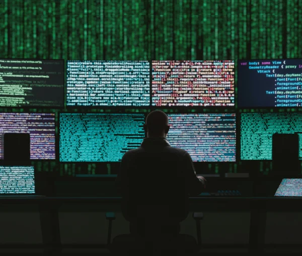 A person sitting in a dark room facing multiple computer monitors displaying cascading green lines of code.