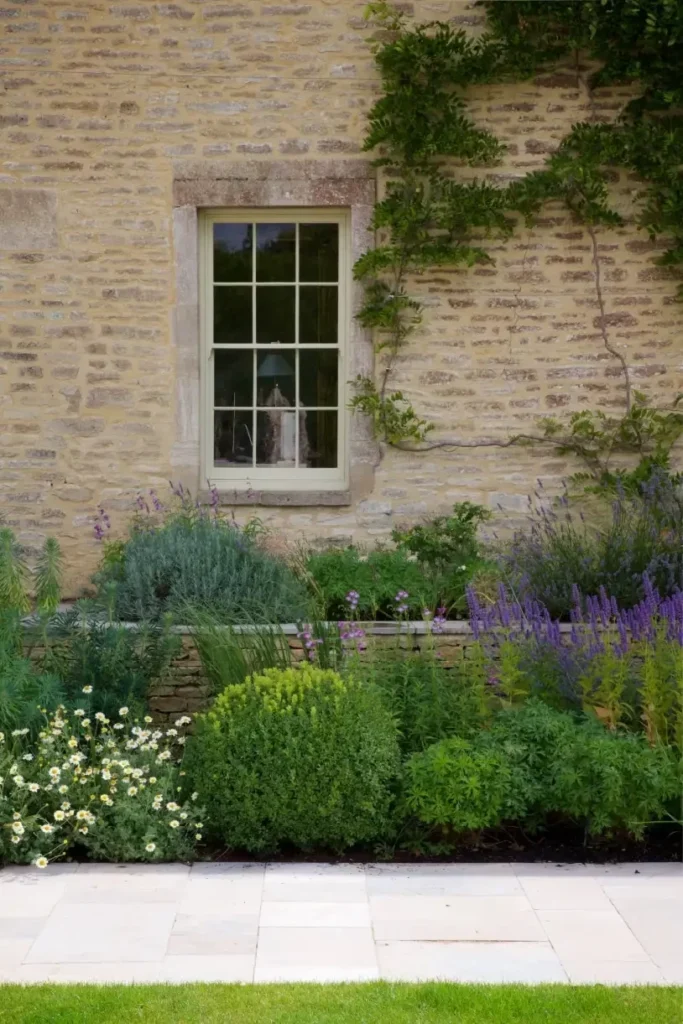 A stone wall with a window is adorned by green vines, reflecting the meticulous landscape design of Marcus Barnett Studio. Below, a small garden with bushes, lavender, and daisies flourishes above a stone ledge. A patio with grass lies in the foreground.