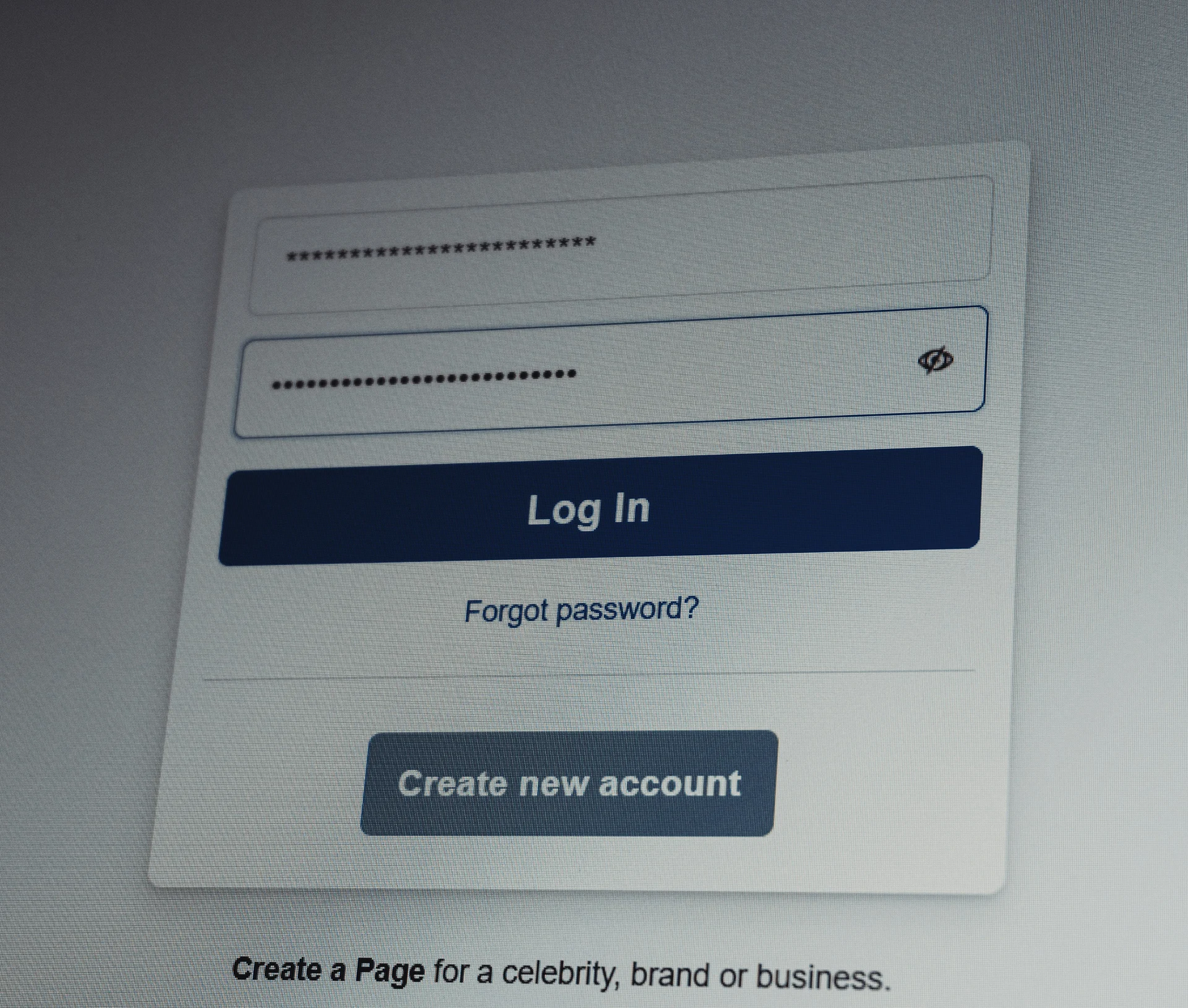 A login screen for the Denmark population register with fields for email and a weak password, featuring a Log In button, a Forgotten password link, and a Create new account button.