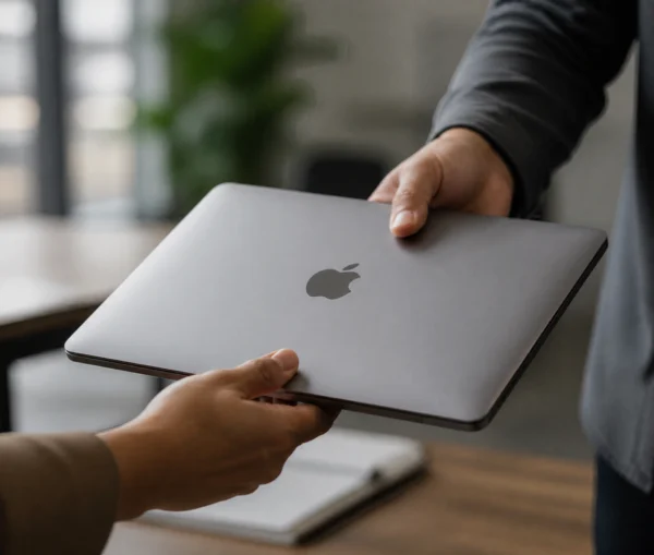 One person hands a closed grey Apple laptop to another person during an IT administrator handover.