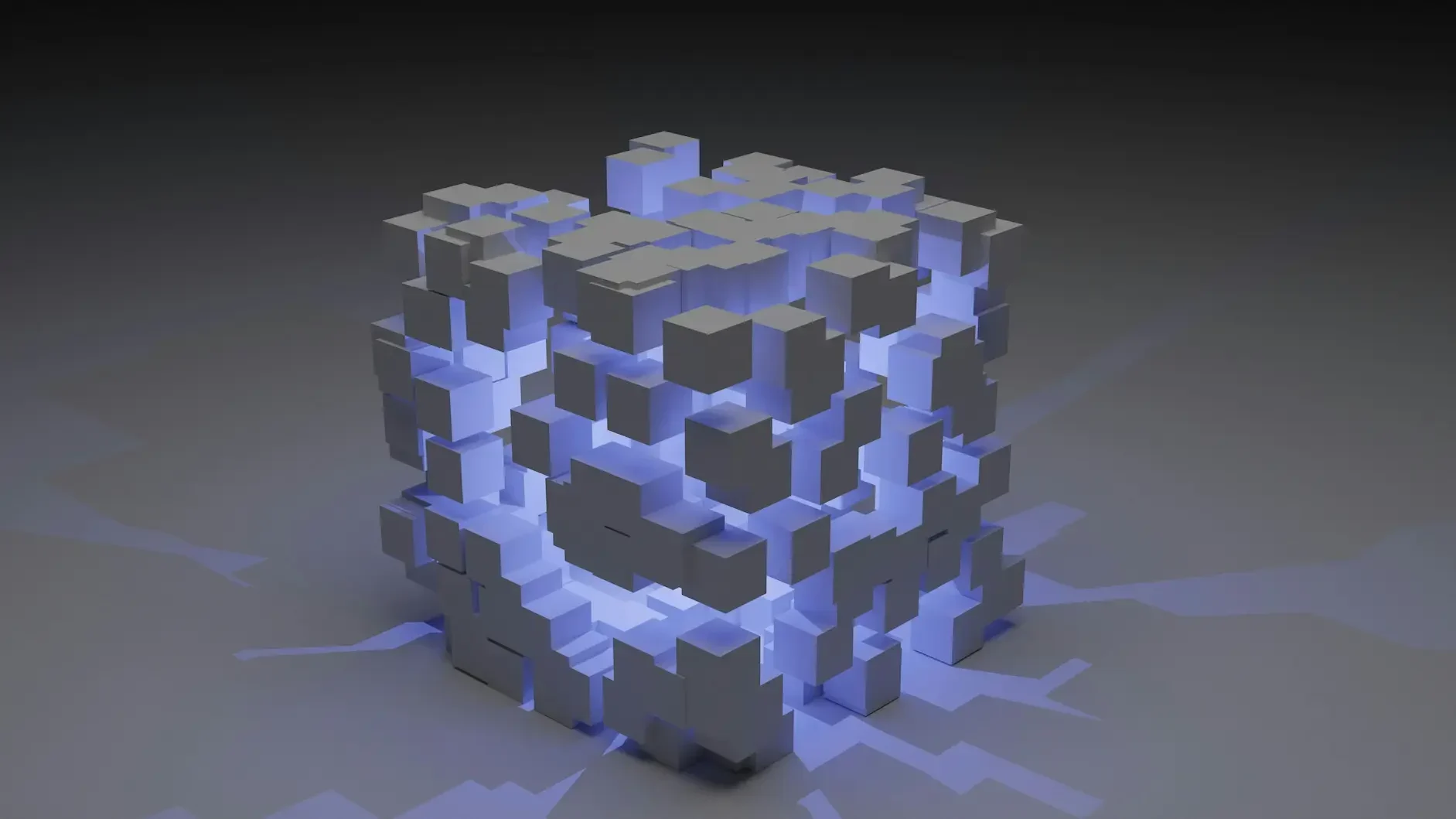 A 3d rendered cube made of smaller white cubes with glowing blue light emanating from gaps between them, symbolizing business growth, set against a dark background.