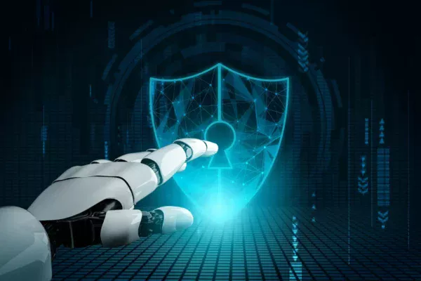 A robotic hand reaches toward a glowing digital shield with a keyhole symbol, representing cybersecurity and the rising threat of ai cyberattacks facing smbs in 2025.