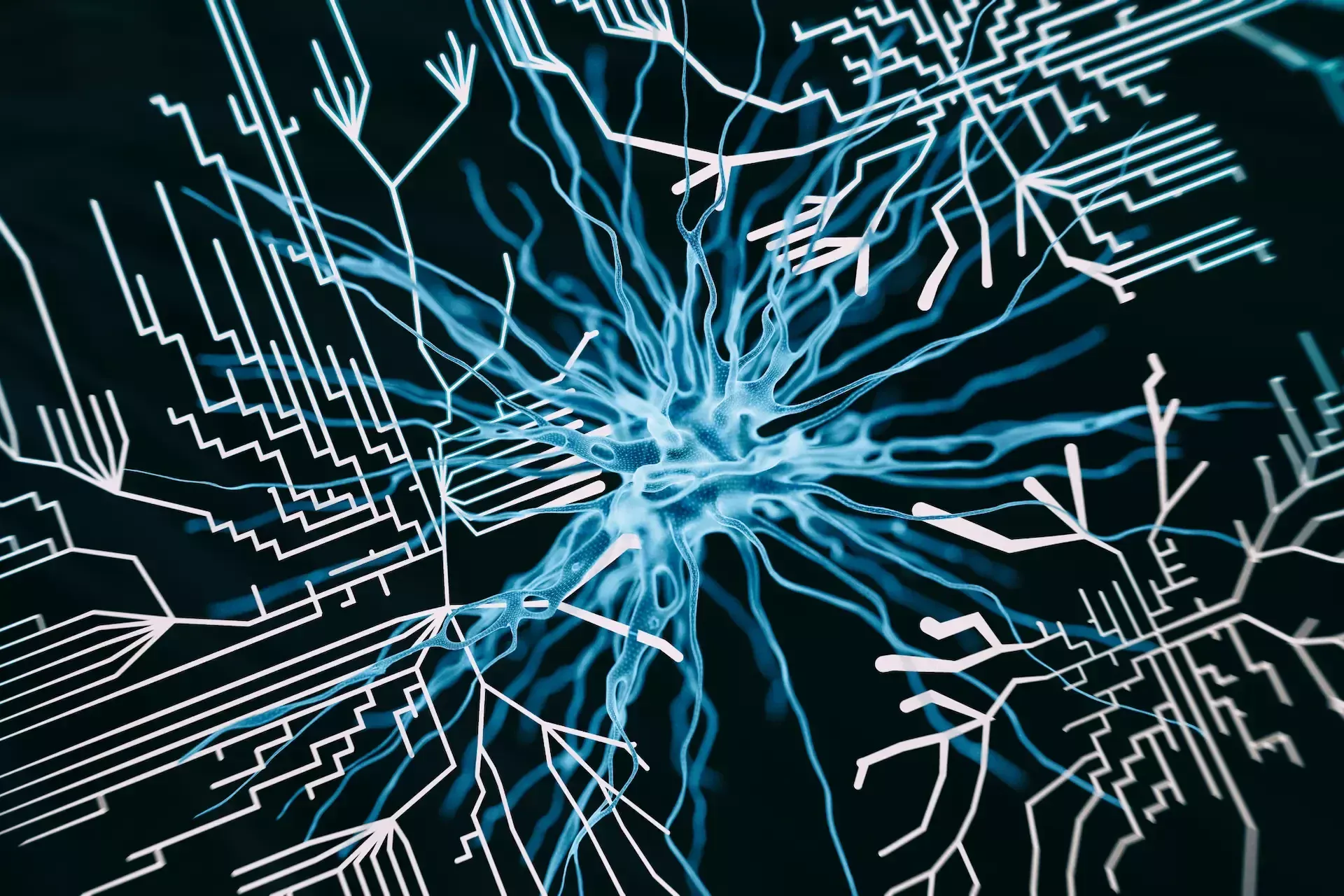 Abstract digital illustration of a neural network, blending organic neuron like lines with circuit board patterns to highlight system integration on a dark background.