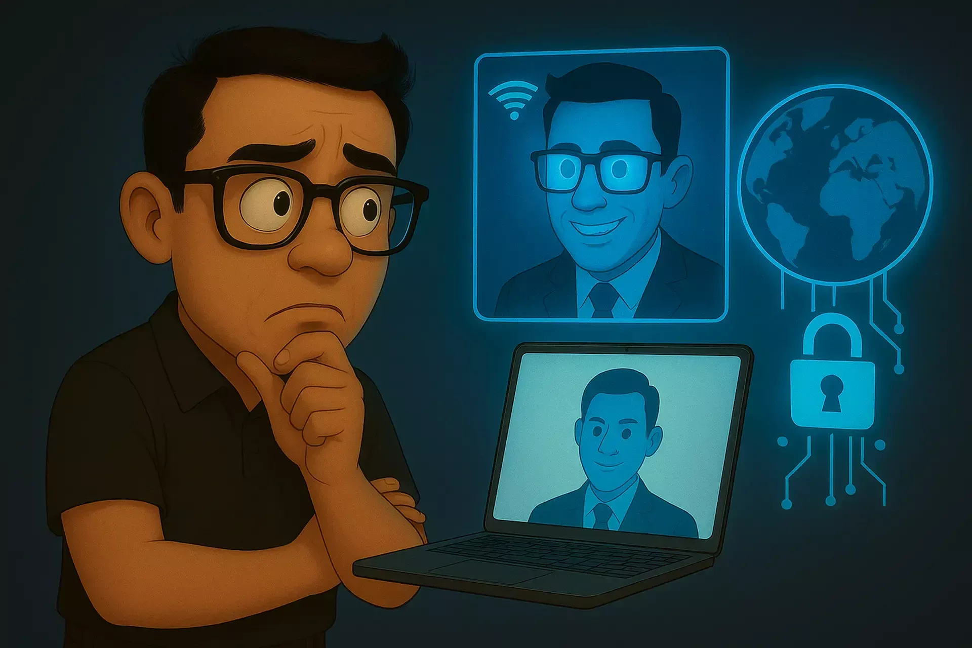 A man with glasses looks thoughtfully at a laptop displaying a virtual meeting, with digital icons of a globe, lock, and wifi in the background—emphasizing the importance of cyber security for smes.