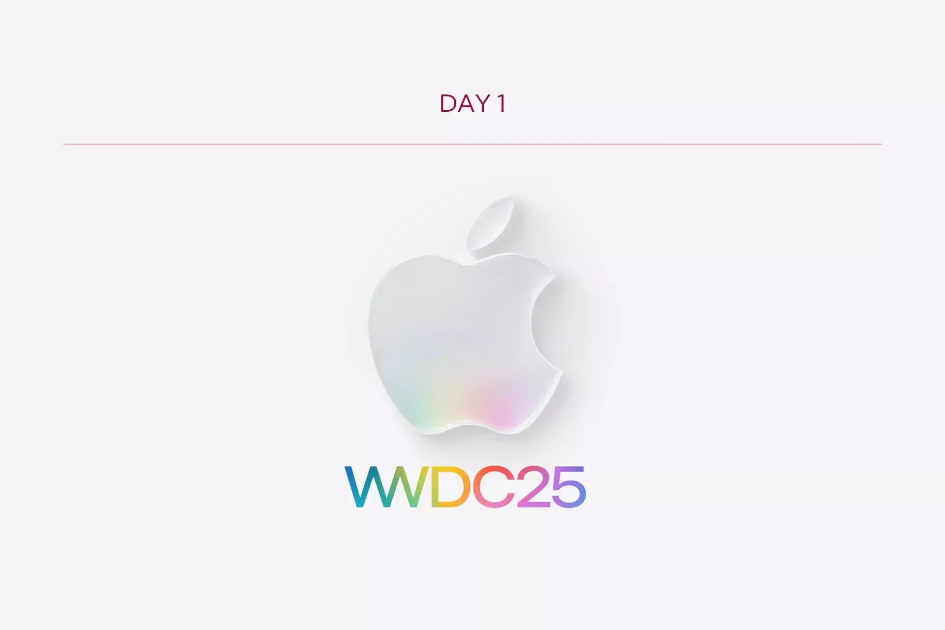 Apple logo with a subtle rainbow gradient and a hint of liquid glass below “wwdc25”; above, the text "day1" is centered on a white background.