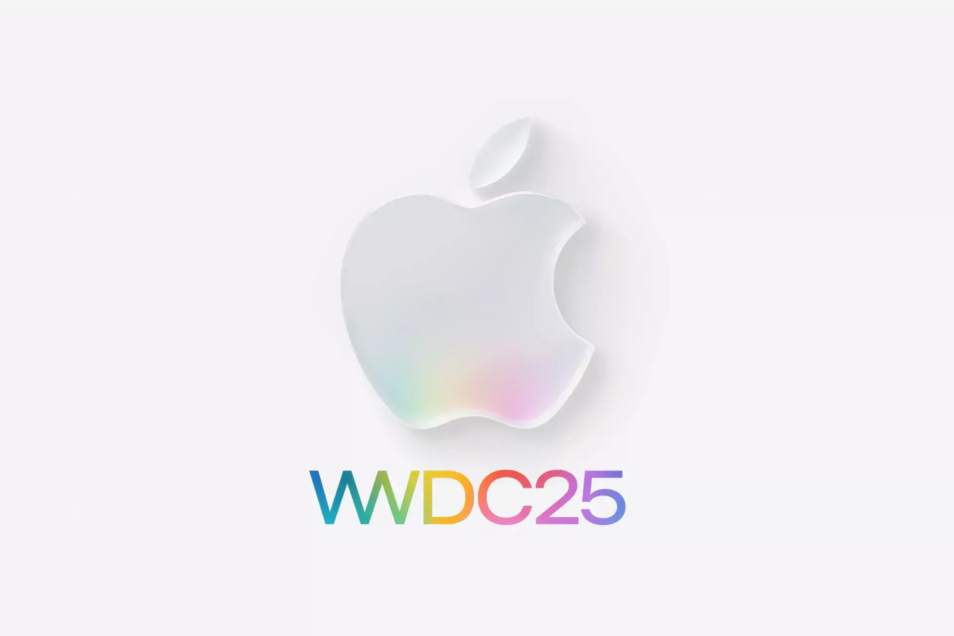 Apple logo above the text "wwdc25," highlighting ai innovation, written in a gradient of blue, green, yellow, and purple on a light gray background.